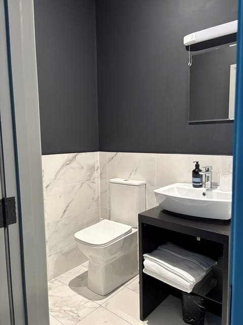 Shower, towels, soap, toilet paper