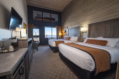 Two Queen Patio Room | Premium bedding, desk, laptop workspace, iron/ironing board