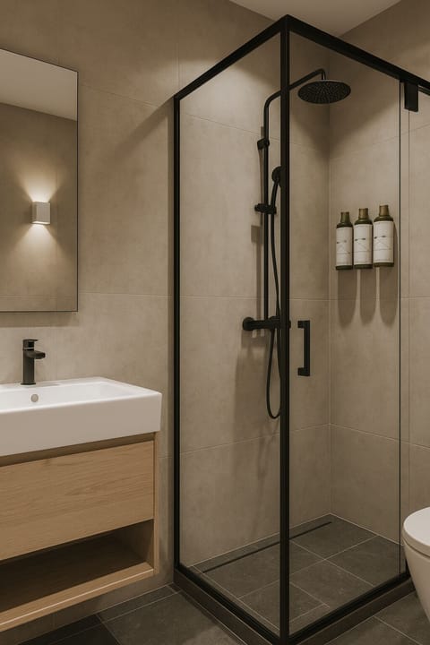 Hair dryer, towels, soap, shampoo