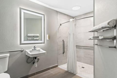 Room, 1 King Bed, Accessible, Non Smoking | Bathroom | Hair dryer, towels, soap, shampoo