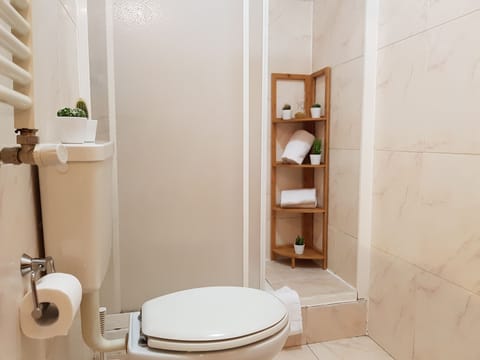 Shower, rainfall showerhead, free toiletries, hair dryer