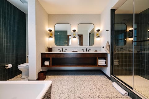 Hair dryer, towels, soap, shampoo