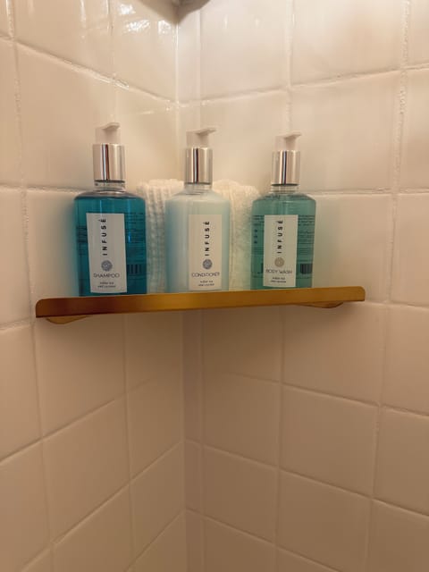 Hair dryer, towels, soap, shampoo