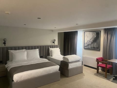 Family Apartment, City View | Desk, laptop workspace, blackout drapes, iron/ironing board