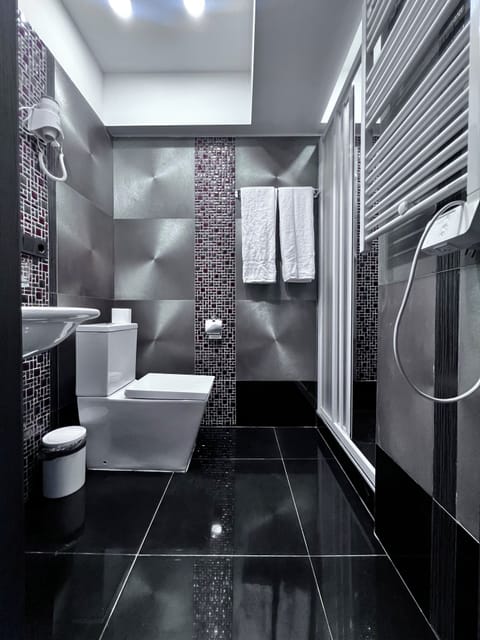 Shower, hair dryer, towels, shampoo