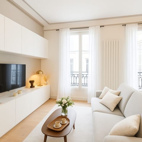 Deluxe Apartment, Courtyard View | Living area | 80-cm Smart TV with digital channels