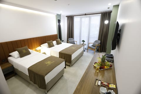 Family Triple Room, City View | In-room safe, desk, laptop workspace, blackout drapes