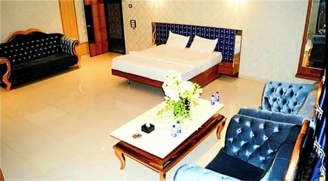 Premium bedding, desk, laptop workspace, soundproofing