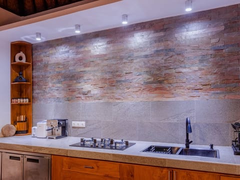 Mini-fridge, toaster, coffee grinder, spices