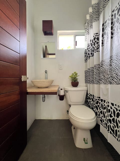 Shower, towels, soap, toilet paper