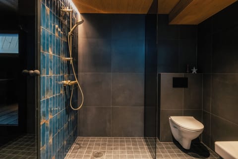 Shower, hair dryer, bidet, heated floors