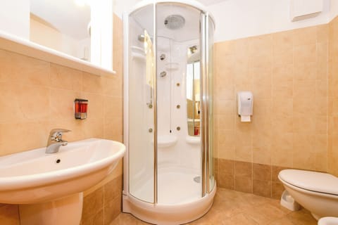 Shower, hair dryer, bidet, towels