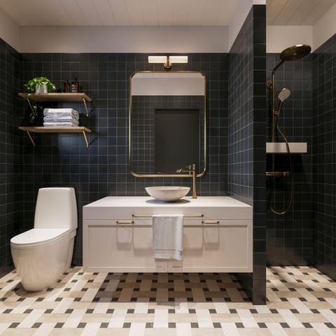 Shower, rainfall showerhead, hair dryer, bathrobes