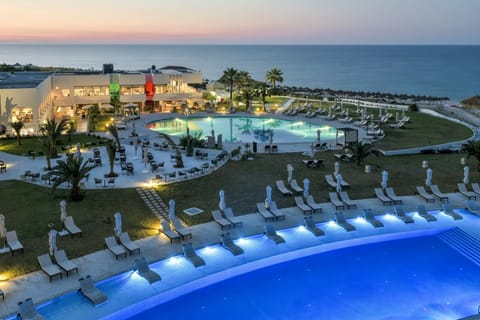 Indoor pool, outdoor pool, pool umbrellas