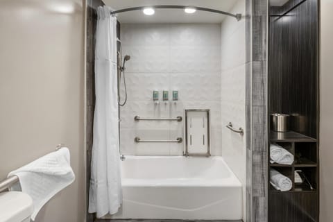 Hydromassage showerhead, free toiletries, hair dryer, towels