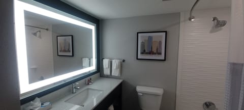 Combined shower/tub, free toiletries, hair dryer, towels