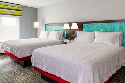 Desk, laptop workspace, blackout drapes, iron/ironing board