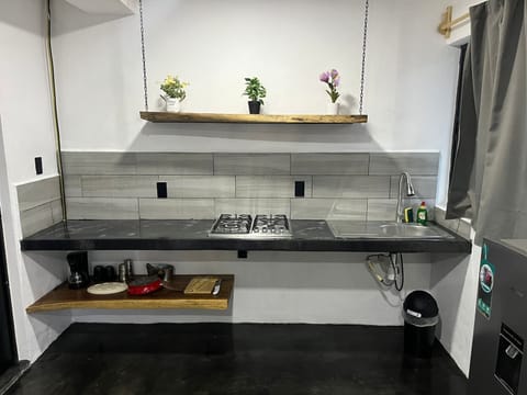 Mini-fridge, cookware/dishes/utensils