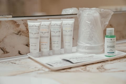 Combined shower/tub, free toiletries, hair dryer, towels