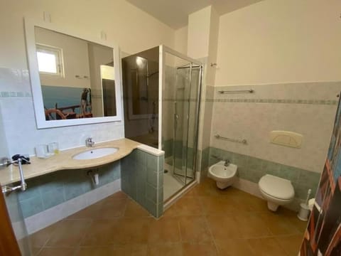 Shower, hair dryer, towels, toilet paper