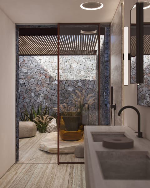 Kensho Signature Suite Sea View Private Pool | Bathroom | Hair dryer, slippers, towels, soap