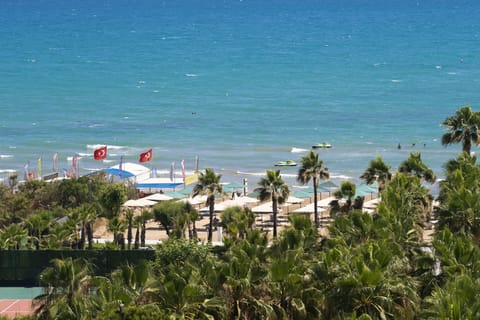 On the beach, sun loungers, beach umbrellas, beach towels