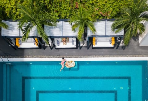 Outdoor pool, pool umbrellas, sun loungers