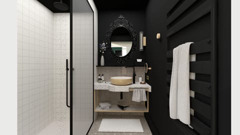 Hair dryer, towels, soap, shampoo