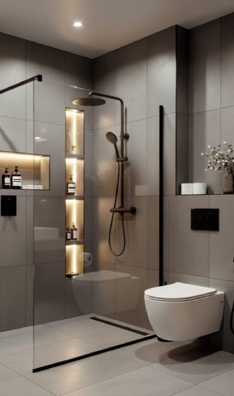 Shower, towels, soap, shampoo