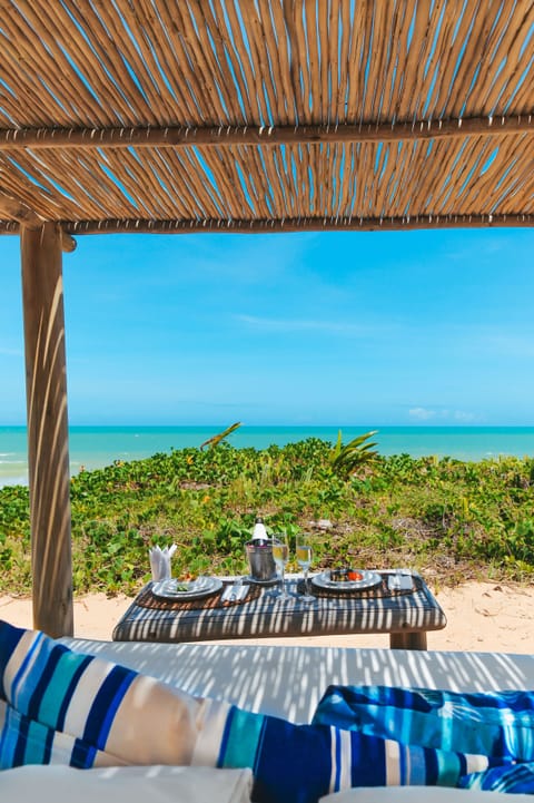 On the beach, sun loungers, beach umbrellas, beach towels