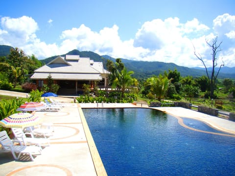 Outdoor pool, pool umbrellas, sun loungers