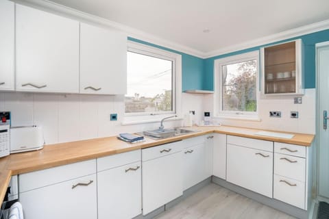 Fridge, stovetop, electric kettle, toaster