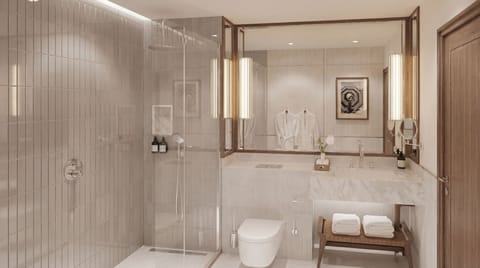 Shower, designer toiletries, hair dryer, slippers