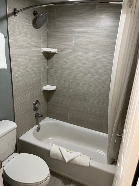 Combined shower/tub, hair dryer, towels
