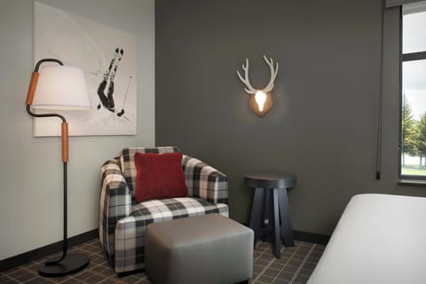 Premium bedding, desk, laptop workspace, blackout drapes