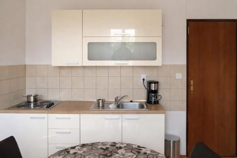 Fridge, microwave, stovetop, coffee/tea maker