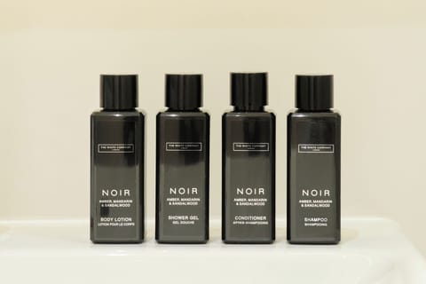 Hair dryer, towels, soap, shampoo