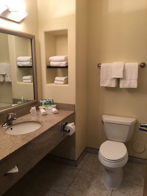 Combined shower/tub, free toiletries, hair dryer, towels