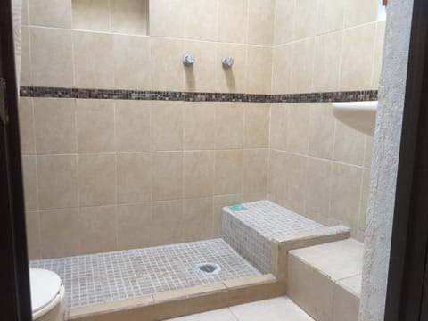 Shower, rainfall showerhead, free toiletries, towels