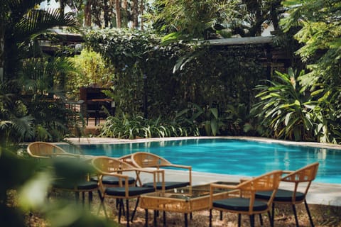 Outdoor pool, pool umbrellas, sun loungers