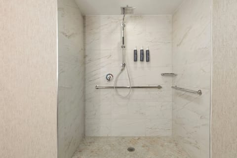 Combined shower/tub, rainfall showerhead, free toiletries, hair dryer