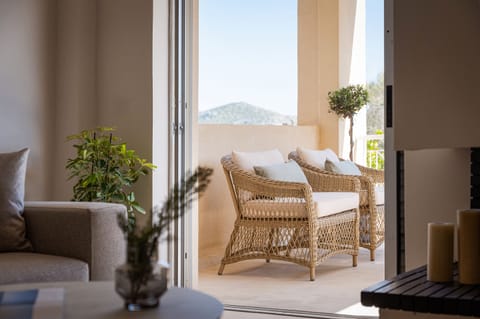 Deluxe Villa, Sea View | Living area | 65-inch Smart TV with satellite channels, fireplace, Netflix