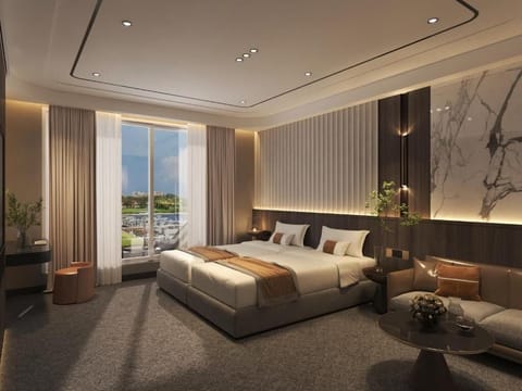 Minibar, desk, bed sheets
