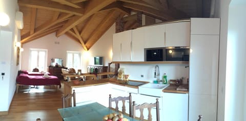 Full-size fridge, microwave, stovetop, dishwasher