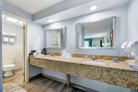 Combined shower/tub, free toiletries, hair dryer, towels