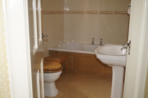 Combined shower/tub, free toiletries, towels