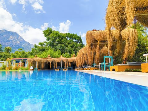 Outdoor pool, pool umbrellas, sun loungers