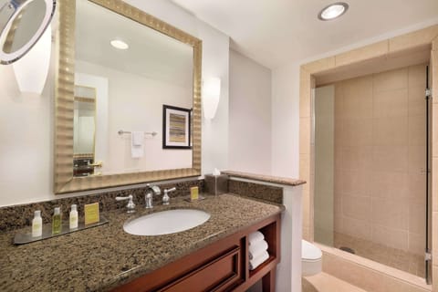 Combined shower/tub, designer toiletries, hair dryer, towels