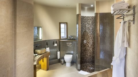 Rainfall showerhead, designer toiletries, hair dryer, bathrobes