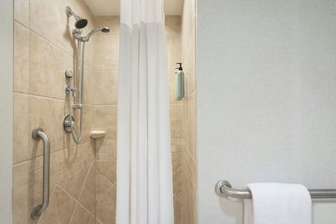 Combined shower/tub, free toiletries, hair dryer, towels